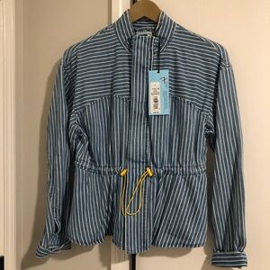 Blue Striped Jean Jacket with Yellow Accents